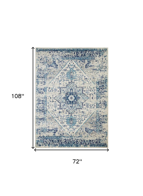 5' X 7' Ivory And Light Blue Floral Medallion Distressed Area Rug